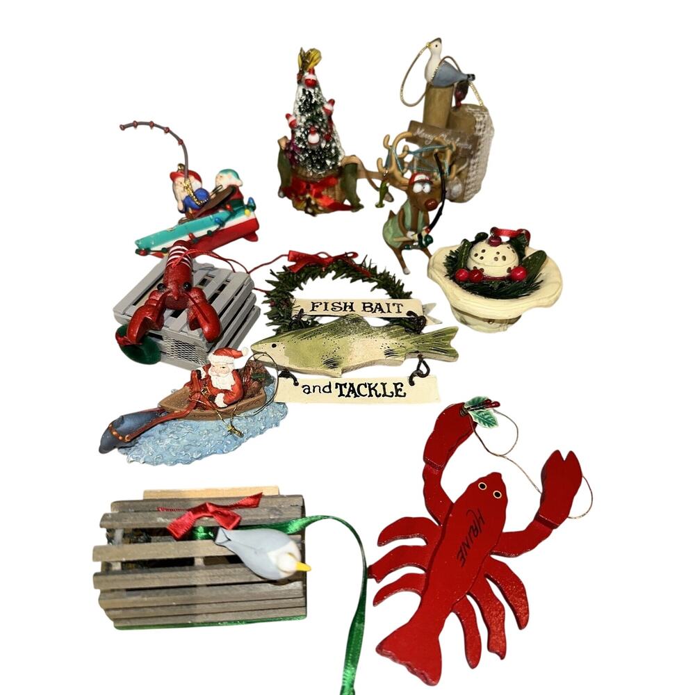10 Fisherman Ornament Lot Nautical Lobster Trap Christmas Tree Bait Tackle Santa